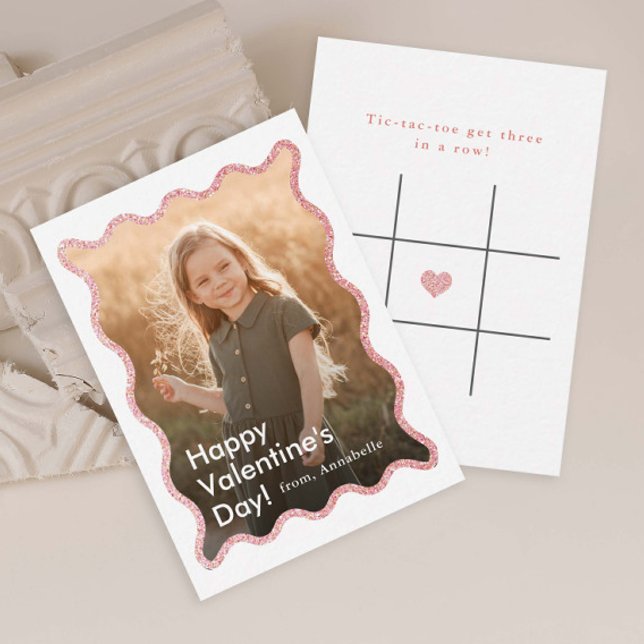 Simple Modern Kids Photo Classroom Valentine's Note Card (Modern Kids Photo Classroom Valentine's Day Card with Tic-Tac-Toe game on the back.)