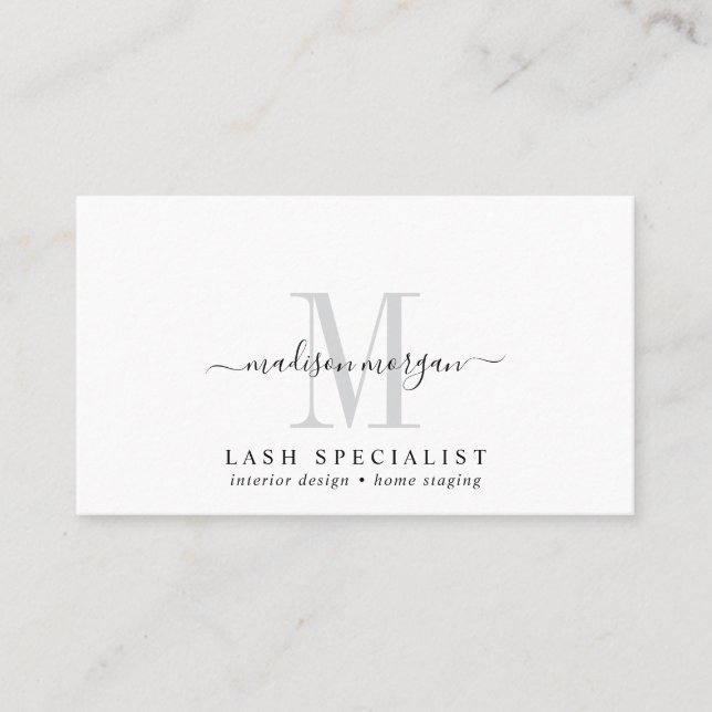 Simple Modern Lash Specialist Script Monogram Business Card (Front)