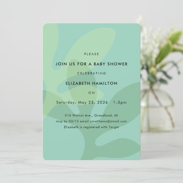 Simple Modern Leaf Design Baby Shower Invitation (Standing Front)
