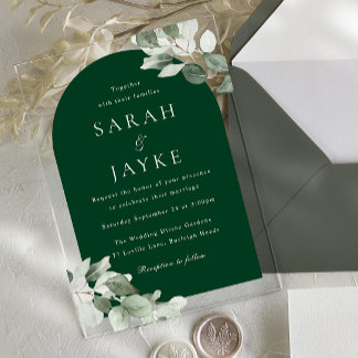 Simple Modern Leaf Emerald Green Wedding Acrylic Invitations