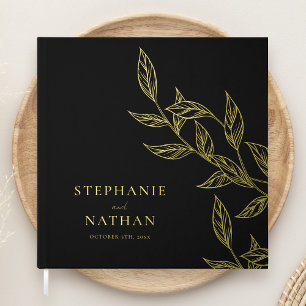 Simple Modern Leaves Black Wedding Gold Foil Guest Book