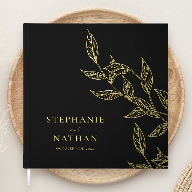 Simple Modern Leaves Black Wedding Gold Foil Guest Book (Creator Uploaded)