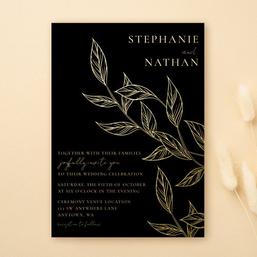 Simple Modern Leaves Black Wedding Gold Foil Invitation