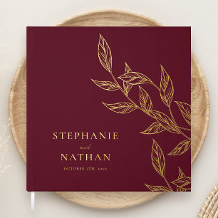 Simple Modern Leaves Burgundy Wedding Gold Foil Guest Book