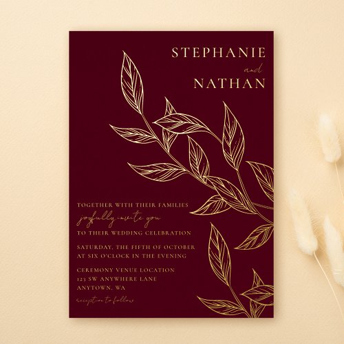 Simple Modern Leaves Burgundy Wedding Gold Foil Invitation