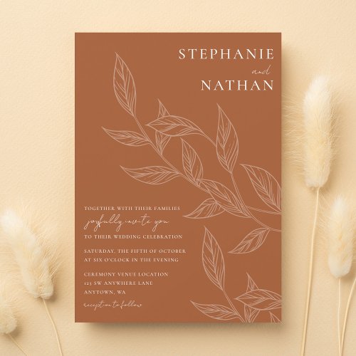 Simple Modern Leaves Burnt Orange Wedding Invitation