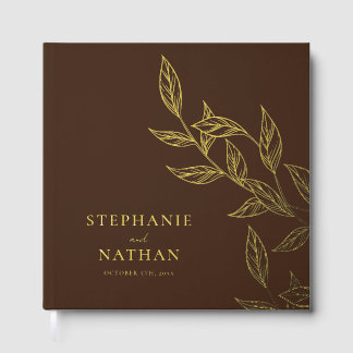 Simple Modern Leaves Dark Brown Wedding Gold Foil Guest Book