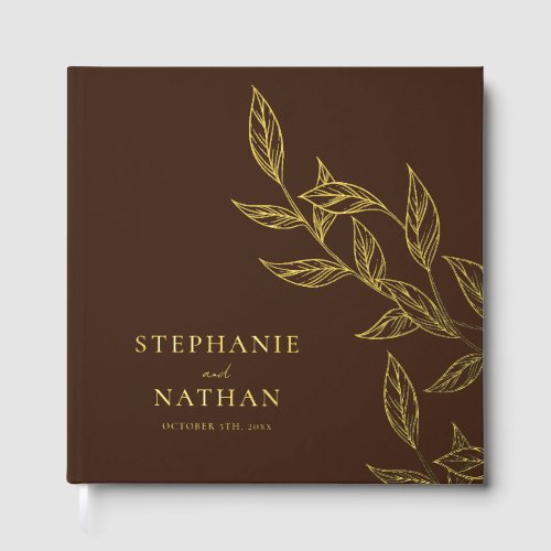 Simple Modern Leaves Dark Brown Wedding Gold