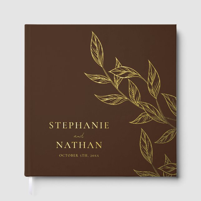 Simple Modern Leaves Dark Brown Wedding Gold Foil Guest Book (Front)