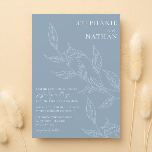 Simple Modern Leaves Dusty Blue Wedding Invitation