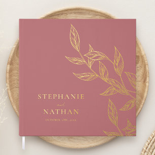Simple Modern Leaves Dusty Rose Wedding Gold Foil Guest Book