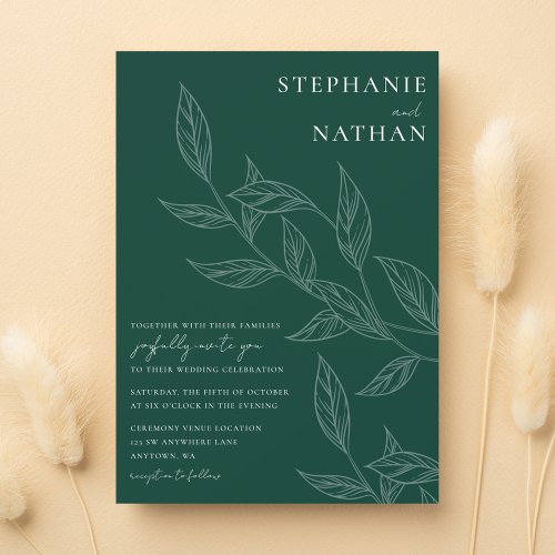 Simple Modern Leaves Emerald Green Wedding Invitation