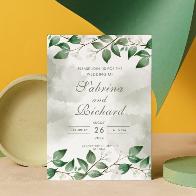 Simple & Modern Leaves Green Watercolor Wedding Invitation (Creator Uploaded)