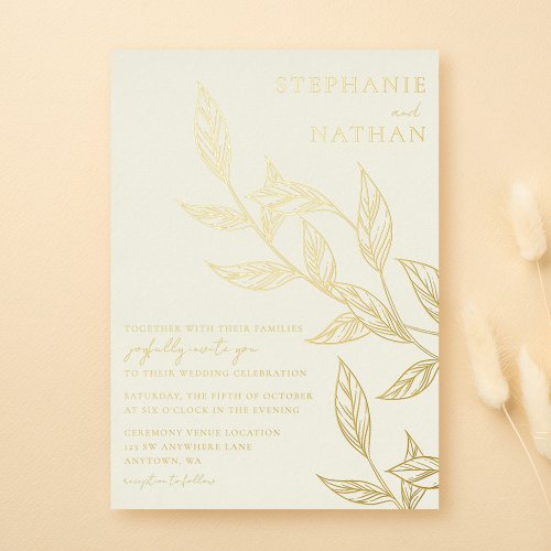 Simple Modern Leaves Ivory Cream Wedding Gold Foil Invitation