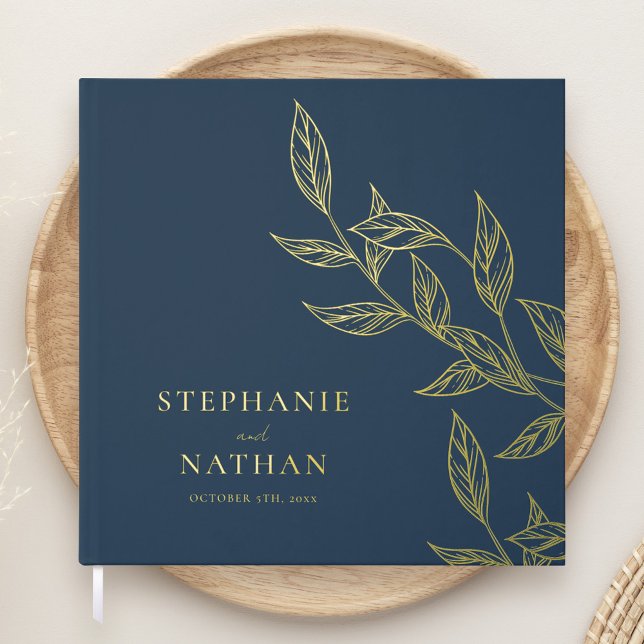 Simple Modern Leaves Navy Blue Wedding Gold Foil Guest Book (Creator Uploaded)