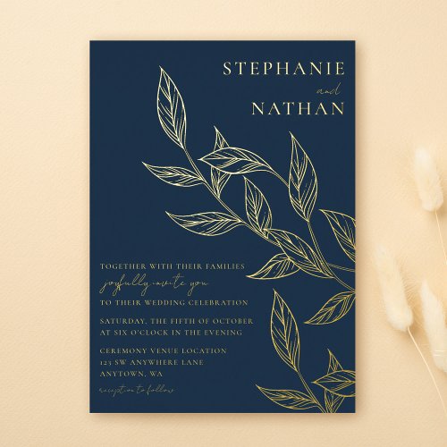 Simple Modern Leaves Navy Blue Wedding Gold Foil Invitation