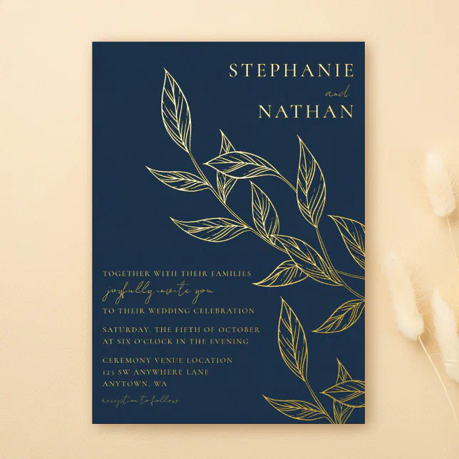 Simple Modern Leaves Navy Blue Wedding Gold Foil Invitation | Zazzle