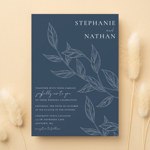 Simple Modern Leaves Navy Blue Wedding Invitation