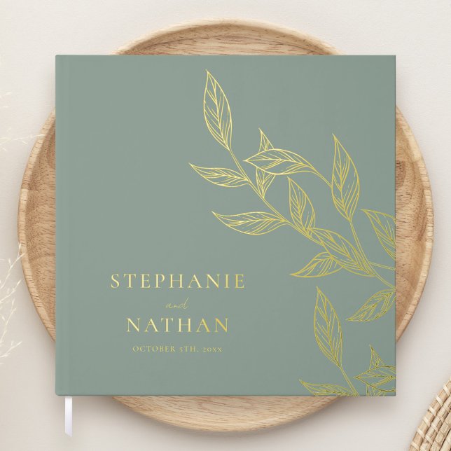 Simple Modern Leaves Sage Green Wedding Gold Foil Guest Book (Creator Uploaded)