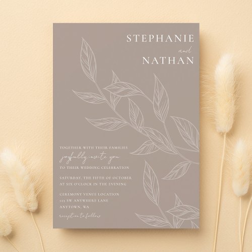 Simple Modern Leaves Taupe Wedding Invitation