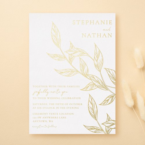 Simple Modern Leaves White Wedding Gold Foil Invitation