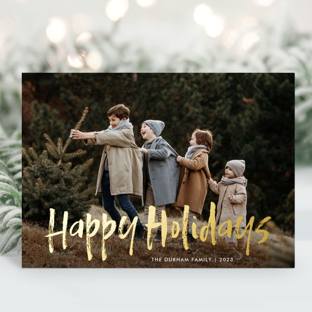 Simple Modern Lettering Two Photo Happy Holidays Foil Holiday Card (Creator Uploaded)
