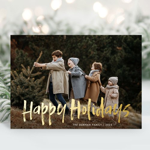 Simple Modern Lettering Two Photo Happy Holidays Foil Holiday Postcard