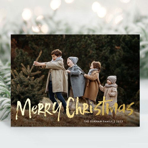 Simple Modern Lettering Two Photo Merry Christmas Foil Holiday Card