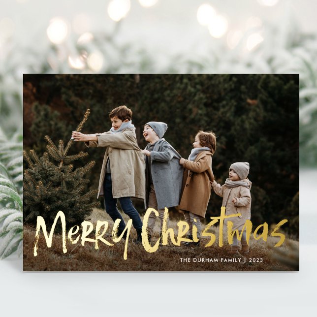 Simple Modern Lettering Two Photo Merry Christmas Foil Holiday Postcard (Creator Uploaded)