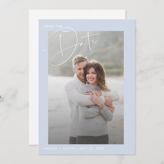 Simple Modern Light Blue & White Photo Wedding Save The Date (Front/Back)