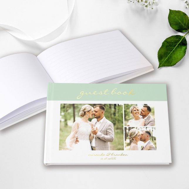 Simple Modern Light Olive Handwritten Script Photo Foil Guest Book (Creator Uploaded)