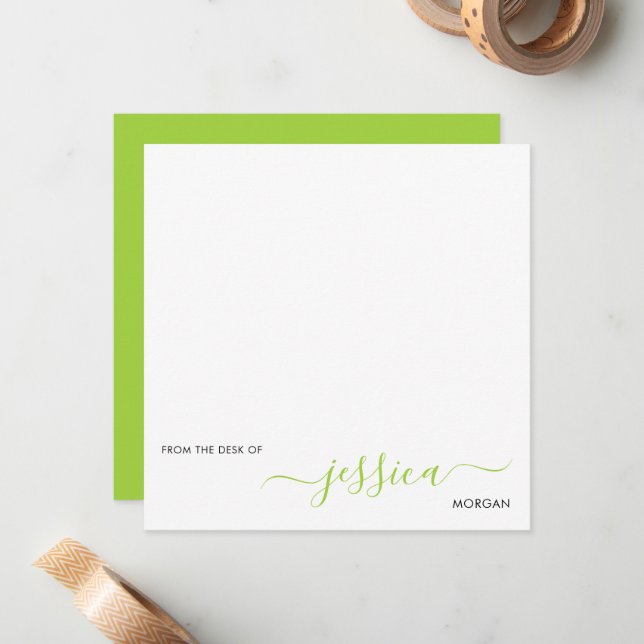 Simple modern lime green script note card (Front/Back In Situ)