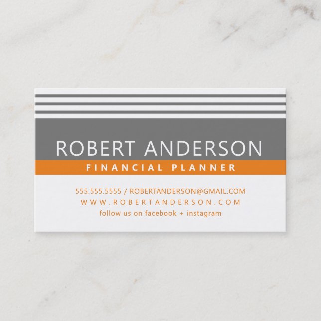 SIMPLE MODERN LINES manly medium gray bold orange Business Card (Front)