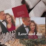 Simple Modern | Love and Joy with Photo Holiday Card<br><div class="desc">This simple and stylish holiday photo card says "Love and Joy" in bold,  white elegant modern typography with your favorite personal family photo across the front of the card. Your personal holiday message can go on the back,  with a minimalist red and white design.</div>