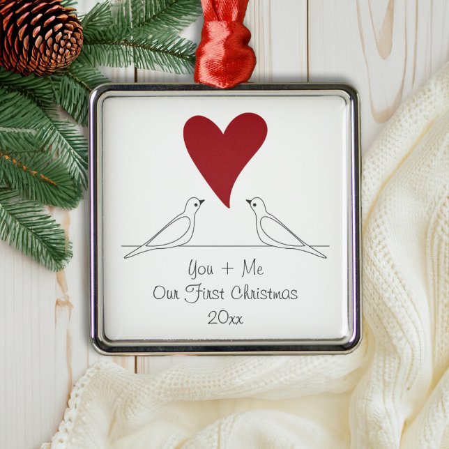Simple Modern Love Birds Red Heart Christmas Metal Ornament (Creator Uploaded)