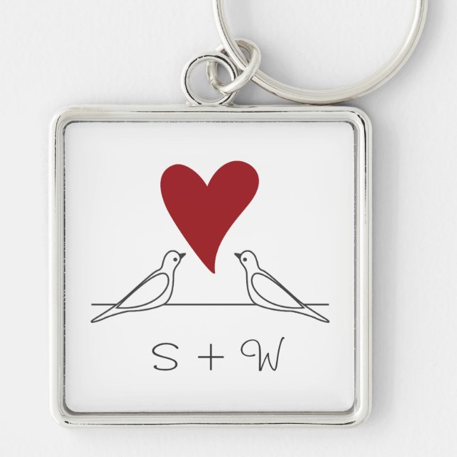 Simple Modern Love Birds Red Heart Monogram Keychain (Front)