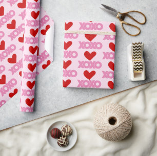 Simple Modern Love XOXO Hearts Pink & Red Pattern Wrapping Paper