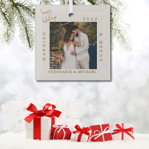 Simple Modern Married & Merry Gold Script Photo Glass Ornament