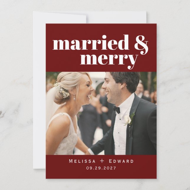 Simple Modern Married & Merry Wedding Photo Red Th Thank You Card (Front)