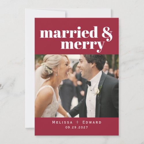 Simple Modern Married  Merry Wedding Photo Thank You Card