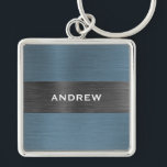 Simple Modern Mens Monogram Name  Keychain<br><div class="desc">A classic navy blue brushed metal personalized office kechain. Coordinates with other office supplies including binders,  notebooks and pens. Designed for you by Blackberry Boulevard.</div>