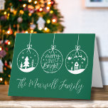 Simple Modern Merry And Bright Christmas Holiday Card<br><div class="desc">Simple Modern Merry And Bright Christmas Holiday Card. A perfect Christmas card for either personal (family name) or business use. Features 3 ornaments, one with 'Merry And Bright' in the center. The other two have winter scenes like a Christmas Tree and Santa and the reindeer flying over a house. A...</div>