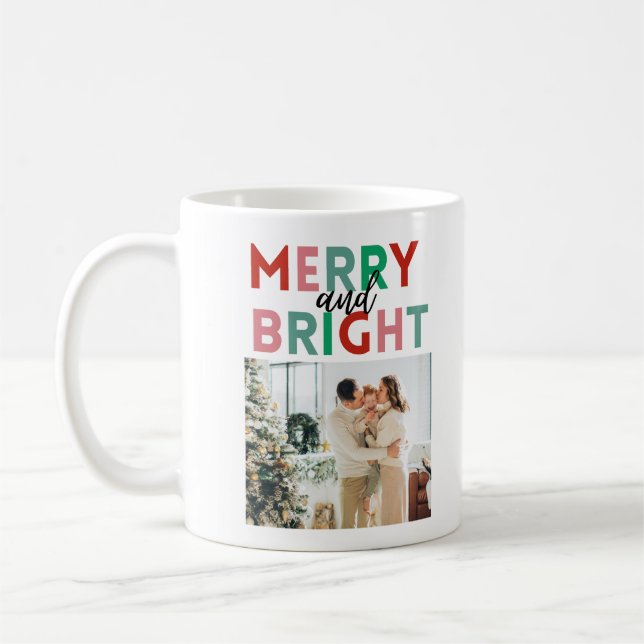 Simple Modern Merry & Bright Colorful One Photo Coffee Mug (Left)