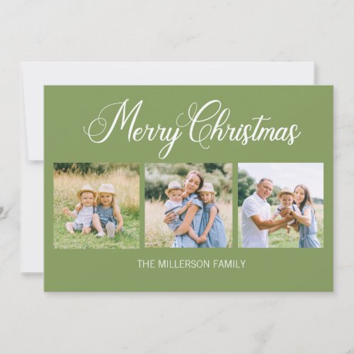 Simple Modern Merry Christmas 3 Photo Green  Holiday Card