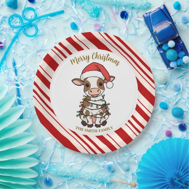 Simple modern merry christmas calf Cow OX pattern Paper Plates (Party)