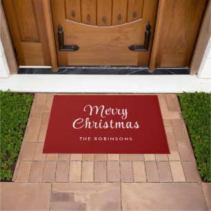Simple Modern Merry Christmas Family Name Red Doormat