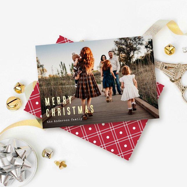 Simple Modern Merry Christmas Family Photo Foil Holiday Card (Creator Uploaded)