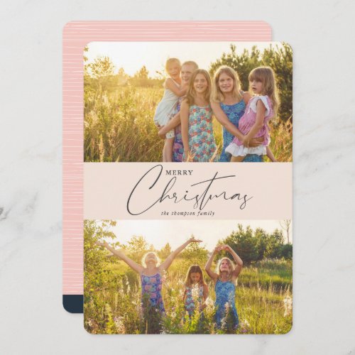 Simple Modern Merry Christmas Pink Script Photo Holiday Card