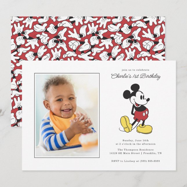 Simple Modern Mickey Mouse Birthday - Photo Invitation (Front/Back)