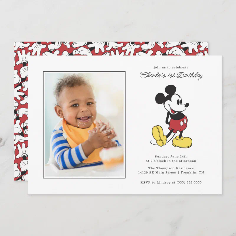 Simple Modern Mickey Mouse Birthday - Photo Invitation (Front/Back)